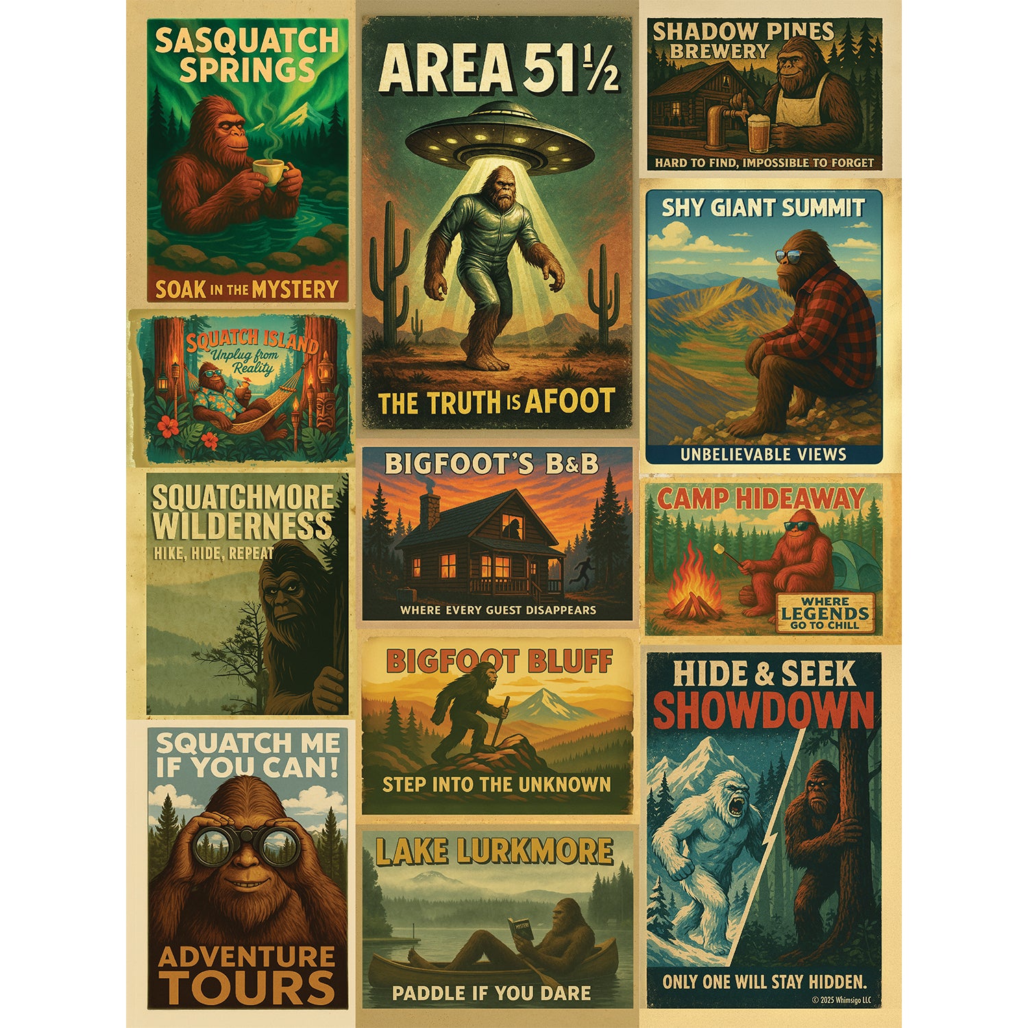 Bigfoot Travel Poster Puzzle – 500-Piece Cryptid Adventure Jigsaw