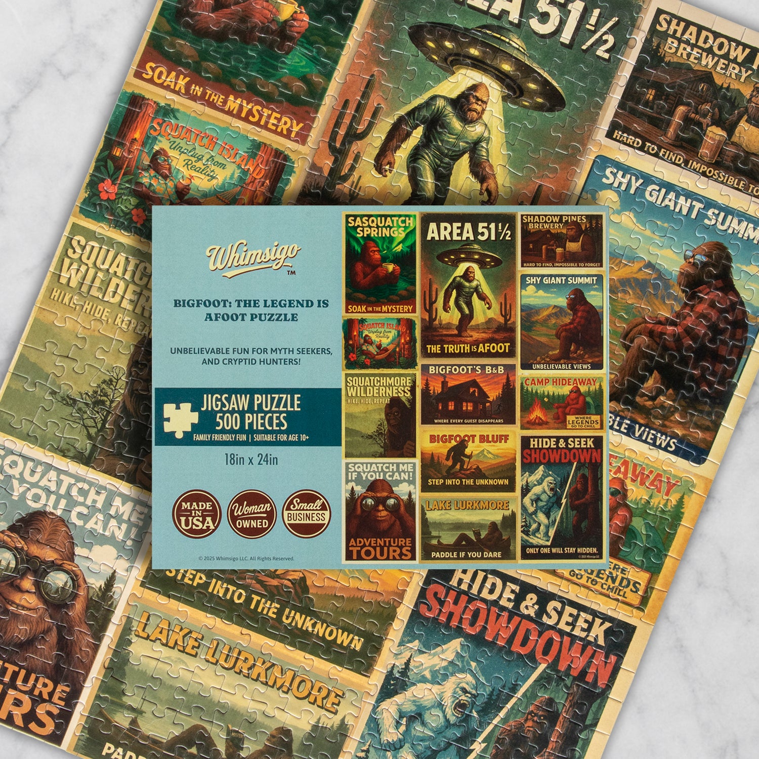 Bigfoot Travel Poster Puzzle – 500-Piece Cryptid Adventure Jigsaw